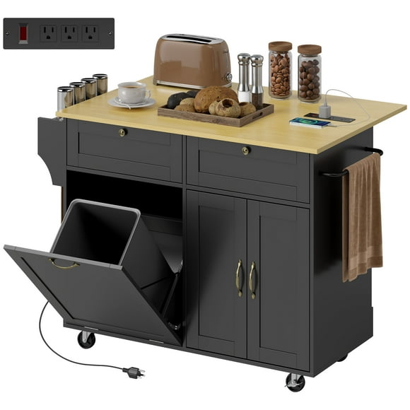 HOMCOM 51" Kitchen Island with Power Outlet Drop Leaf Kitchen Cart Black