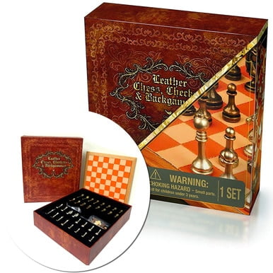 Cardinal Deluxe 3-Game Set Leather Chess Checkers & Backgammon Classic Games Gift WLM8