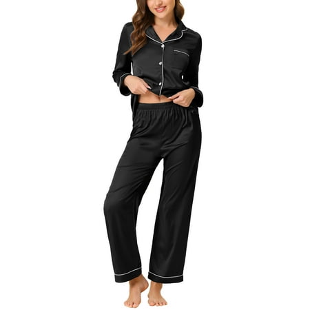 

Unique Bargains Women s Pajama Loungewear Long Sleeves Tops and Pants Satin Sleepwear Sets
