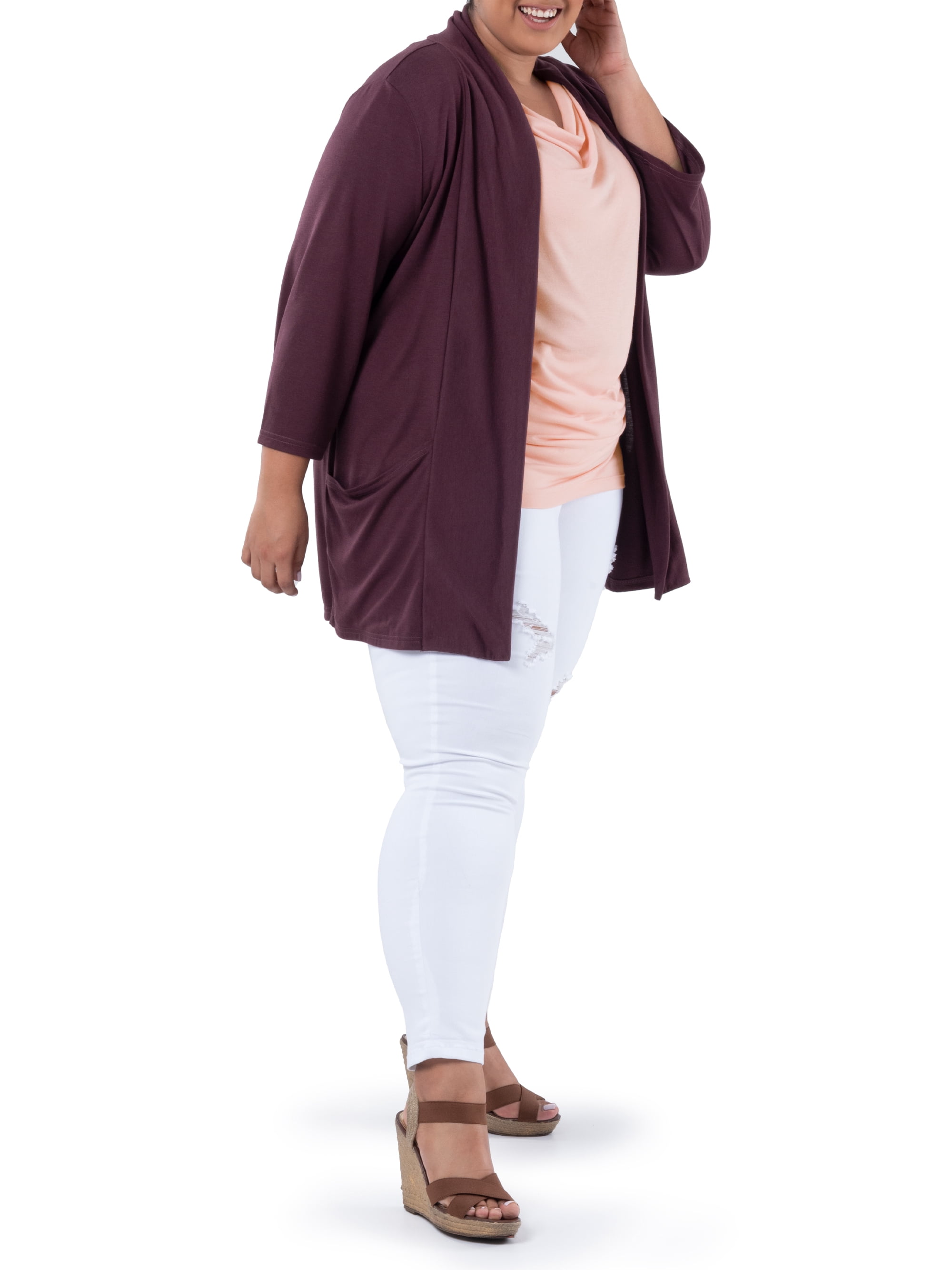 Wright's Women's Plus Size 3/4" Sleeve Draped Open Front Jersey Pocket Cardigan, 1X-5X