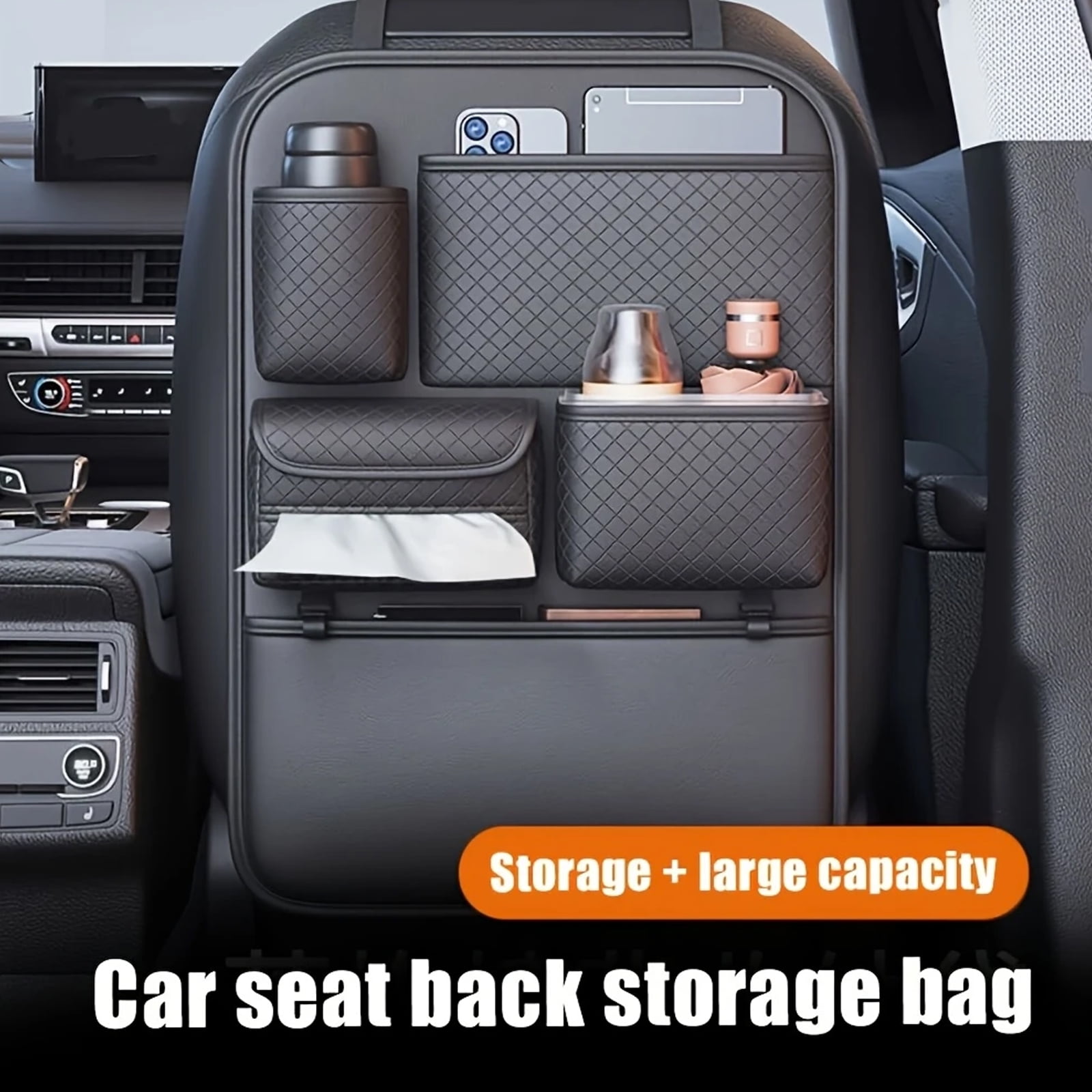 DEXIMRO 2 Pack Car Seat Back Organizer Large Capacity Handbag Holder With Side String Bag Pockets Hanging Carbon Fiber Texture Automobile Storage Bag Behind Seats(Black)