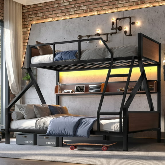 Twin XL over Queen Bunk Bed, Metal Bunk Bed with Storage Shelves & LED Lights, Space Saving Noise-Free Design with Stair Ladder, Black