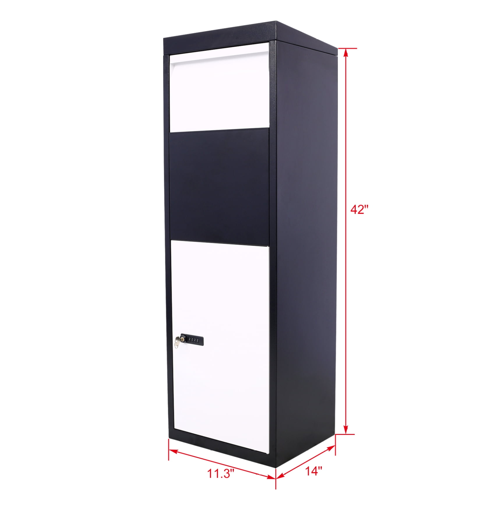 Package Delivery Box - Galvanized Steel Mailbox with Code Lock - Secure Parcel Drop Box for Porch, Curbside - 14''x11.3''x42'', Black & White