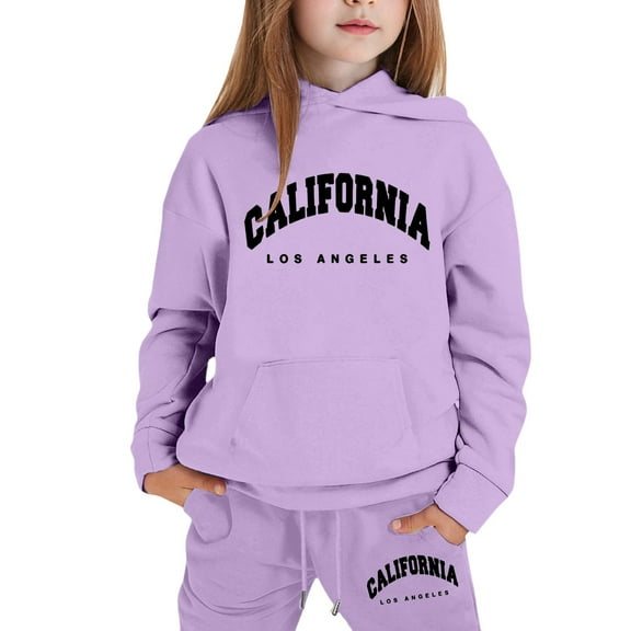 lnmuld Two Piece Outfits Stylish Girls Hooded Sweatshirt Outfit with Letter Print Design for Everyday Casual Wear Comfortable Childrens Clothing Set Solid Color Size:7-8 Years