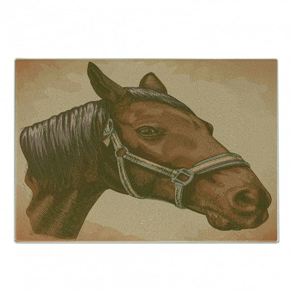 Animal Cutting Board, Engraving Illustration of Detailed Hand Drawn Horse Head Retro Style Image, Decorative Tempered Glass Cutting and Serving Board, Small Size, Brown and Sand Brown, by Ambesonne