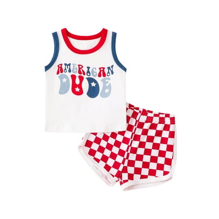 

Qtinghua 4th of July Toddler Baby Boys Summer Outfits Sleeveless Letter Print Tank Tops+Checkerboard Print Shorts Set Red 2-3 Years