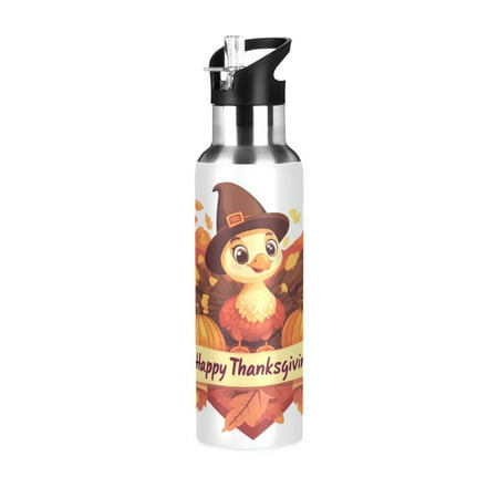 

600/1000ML Stainless Steel Sport Water Bottle with Straw Lid Leak Proof Vacuum Insulated Mug for Outdoor Activities Cycling Running & Walking Turkey Pumpkin and Leaves
