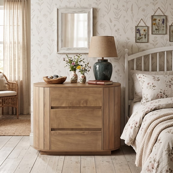 Fnova Large Nightstand, Oversized 35" Wide Night Stand with 3 Drawers, Slatted Side Design Wood Bedside Table, Modern End Table for Bedroom Living Room Entryway, Oak