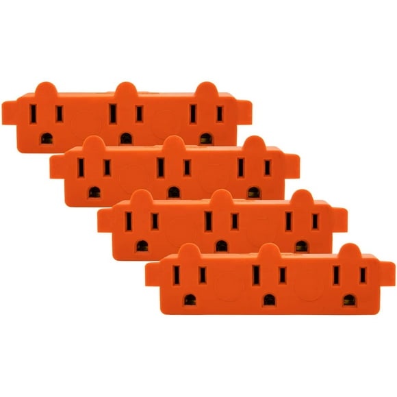 Heavy Duty 3 Grounded Multi Outlet Adapter - Wall Plug Extender, Turns 1 Outlet into 3, Ideal for Garage, Workspace, and Indoor Use, Orange Adapter - Pack of 4