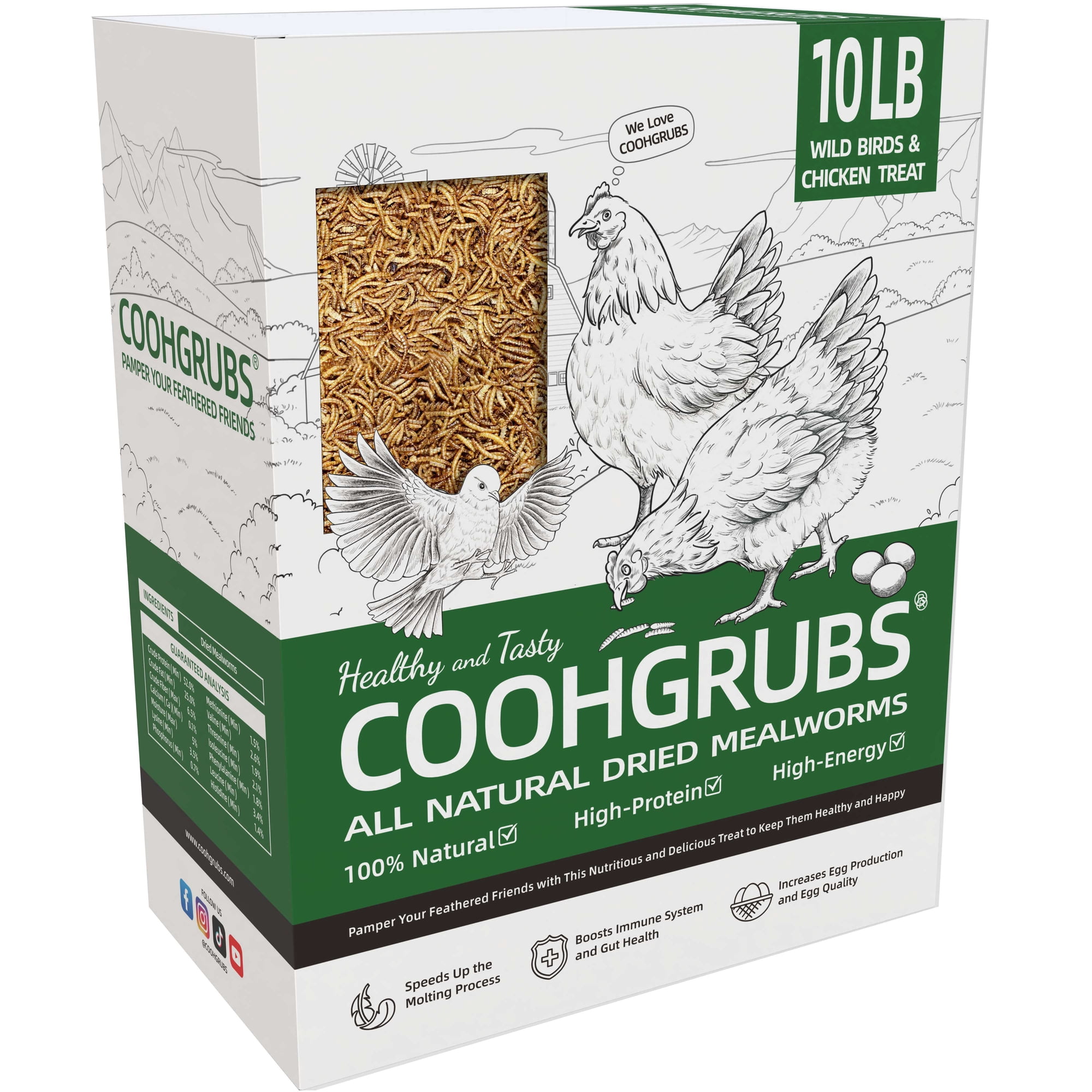 COOHGRUBS 100% Natural Dried Mealworms, Non-GMO Meal Worms for Chickens, Ducks & Wild Birds, High Protein Chicken Treats & Bird Food, 10-lb Box
