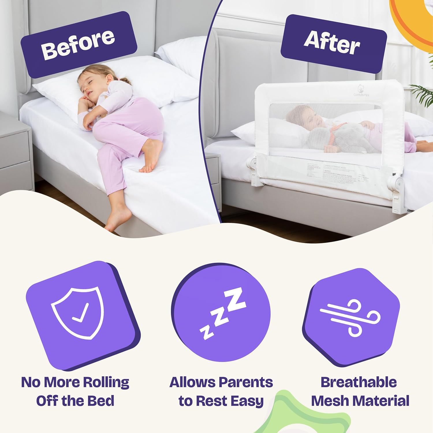 ComfyBumpy Toddler Bed Rail Guard, 35.5" x 19.5" Regular Swing Down Rail for Kids Beds, White, 1 pack