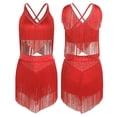 thumbnail image 2 of renvena Women 2 Piece Set Lyrical Dance Costumes Sleeveless Crop Top + Tassels Skirt Salsa Latin Dance Dress Red S, 2 of 6