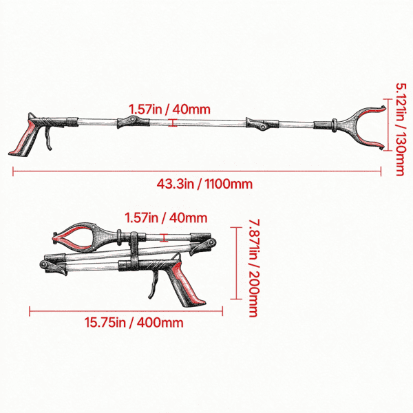 43" Foldable Reacher Grabber with 360° Rotating Jaw, Magnet & LED Light, Lightweight Pickup Tool for Seniors, Extra Long Trash Picker