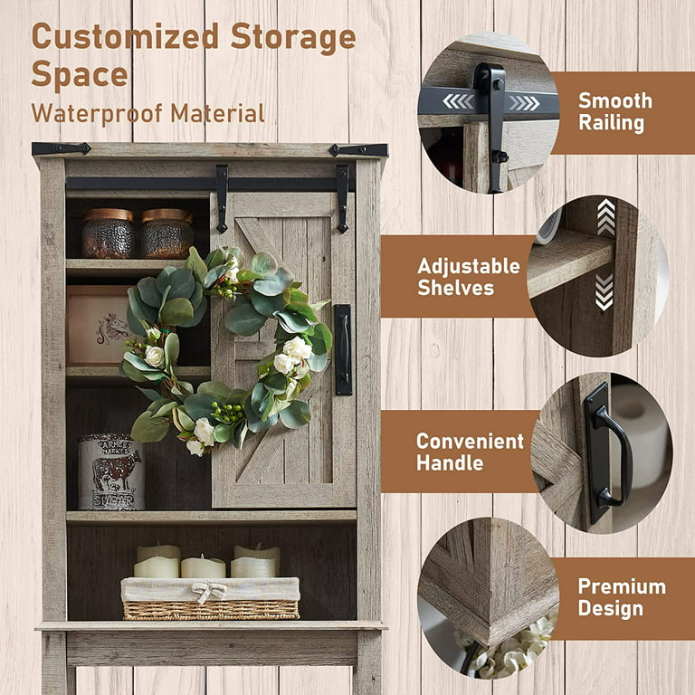 OKD Wood and Metal Bathroom Storage Cabinet, Farmhouse Tall Organizer  w/Adjustable Shelves, Light Rustic Oak