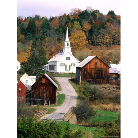 Fall Colors in Small Town with Church and Barns, Waits River, Vermont, USA Print Wall Art By Bill