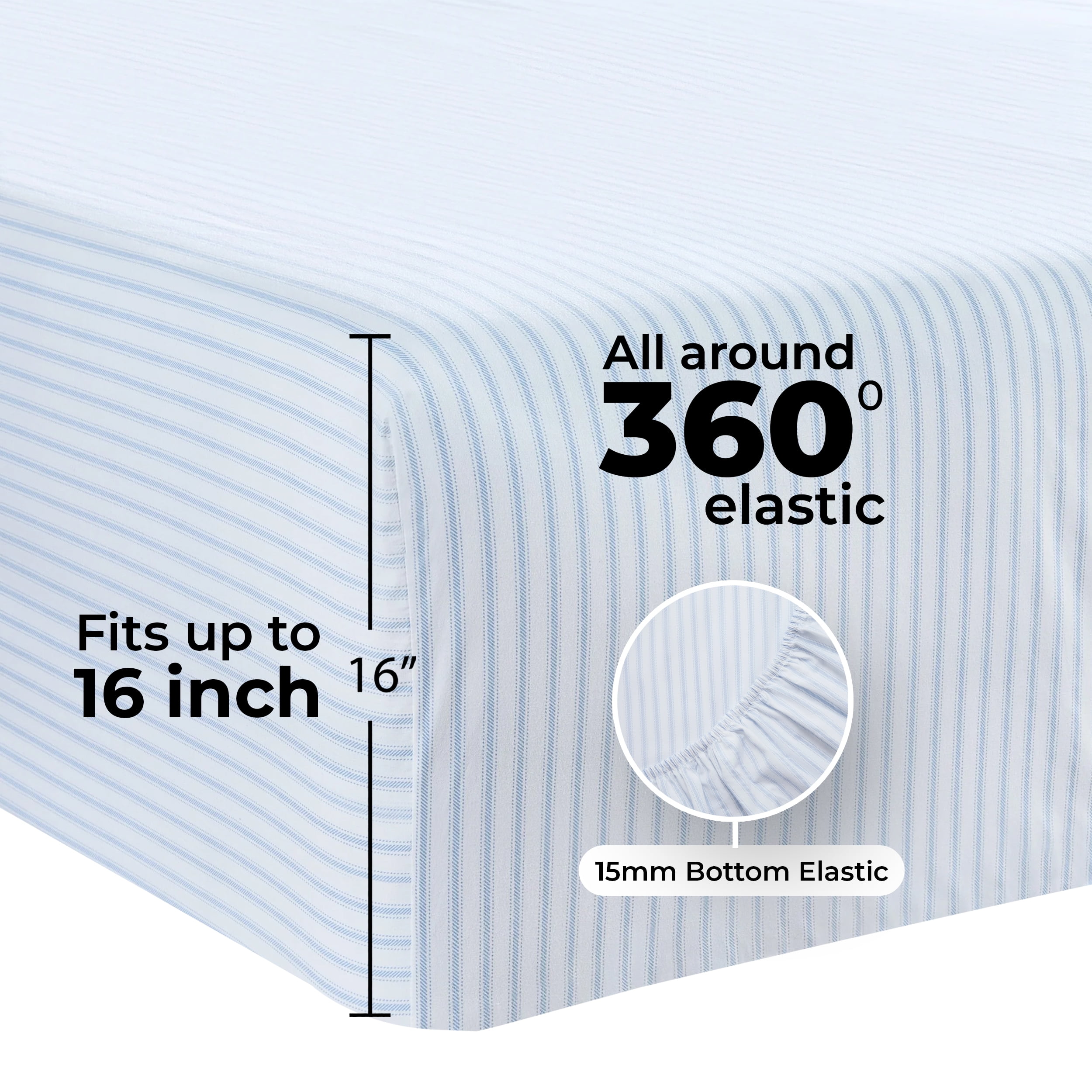 Mainstays 4-Piece 300 Thread Count Blue Stripe Cotton Blend Percale Bed Sheet Set, Full