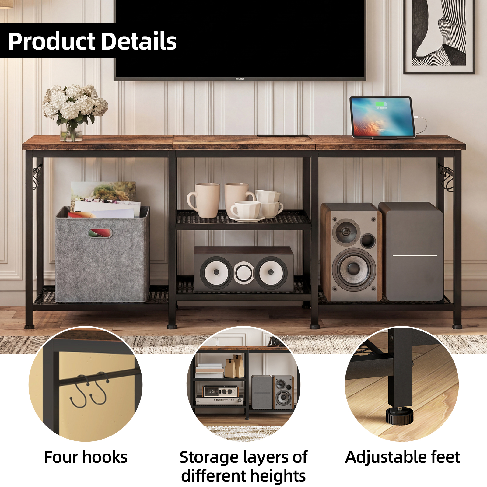Tomnk TV Stand for 55 Inch TV, Entertainment Center with Power Outlet and Open Storage Shelves, Media Console Table for Living Room and Bedroom, Rustic Brown