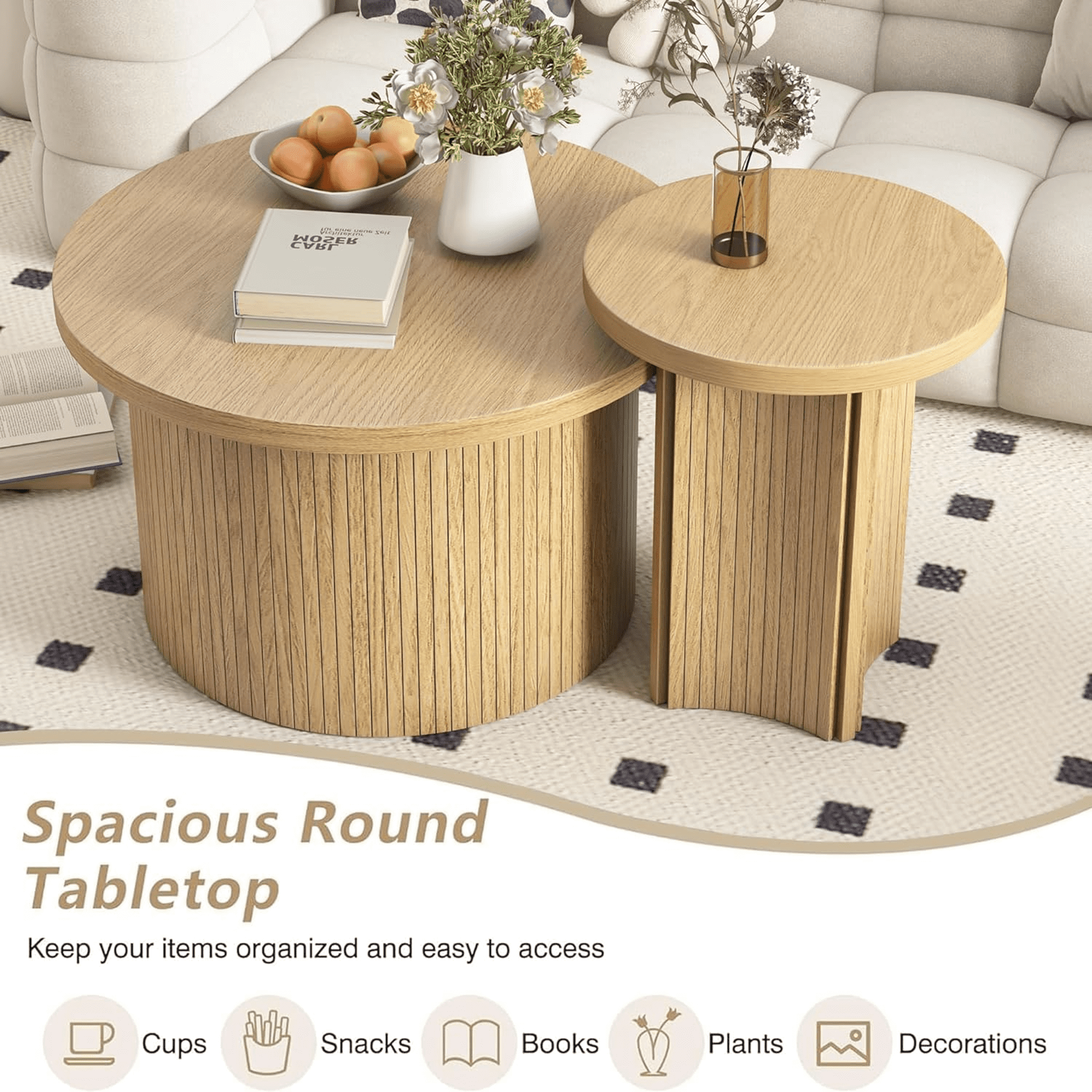 Modern Nesting Coffee Table Set of 2, Wood Round Table for Living Room Bedroom Balcony