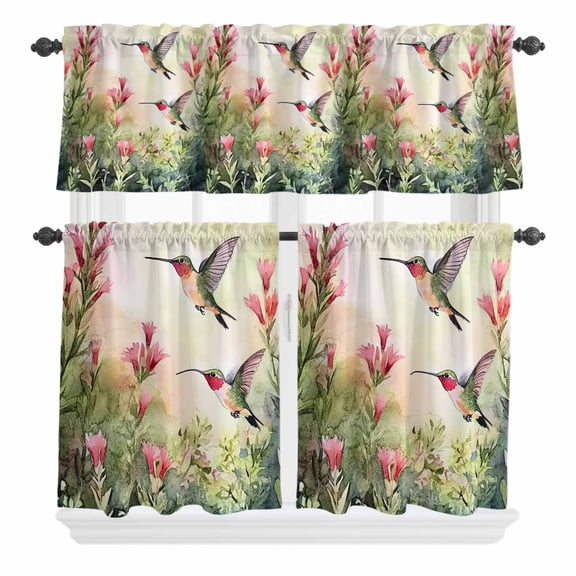 3 Piece Kitchen Curtains and Valances Set Hummingbird Red Floral Cafe Curtains 24 Inch Length Rustic Botanical Green Ombre Valance & Tier Curtain for Living Room Bedroom Window 54"x18" 27"x24"*2