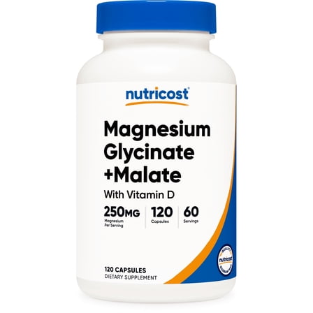Nutricost Magnesium Glycinate   Malate (250mg) 120 Capsules - High Absorption, With Vitamin D, Vegan, Gluten-Free, GMO-Free, 60 Servings