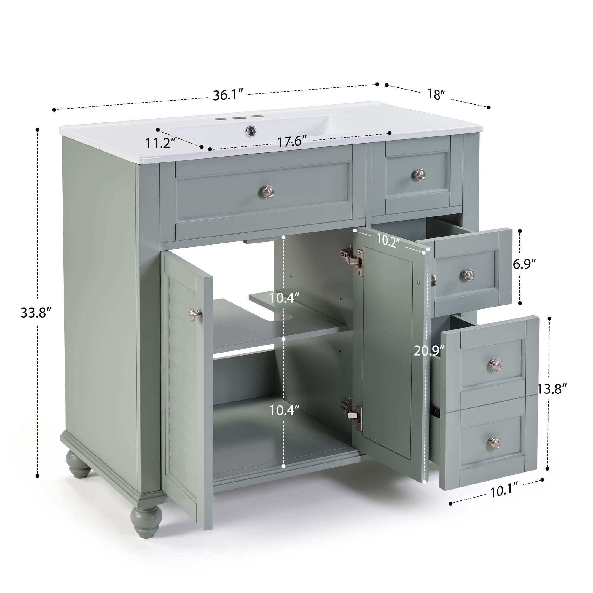 36" Bathroom Vanity with Ceramic Undermount Sink, Modern Simple Vanity Cabinet with Drawers & Doors, Solid Wood MDF Frame Bathroom Storage Cabinet with Combo Sink and Countertop, Blue Grey