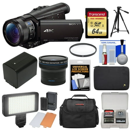 Sony Handycam FDR-AX100 Wi-Fi 4K HD Video Camera Camcorder with 64GB Card + Case + LED Light Set + Battery + Tripod + Fisheye Lens + Filter Kit