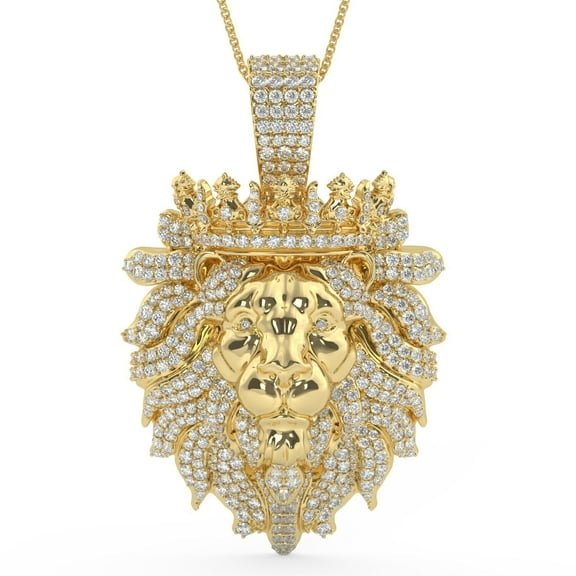 14K Gold Finish Real Genuine 3.25 Cwt Moissanite Diamond Iced Out King Lion Head Face Hair Custom Hip Hop Animal Pendant Charm Necklace