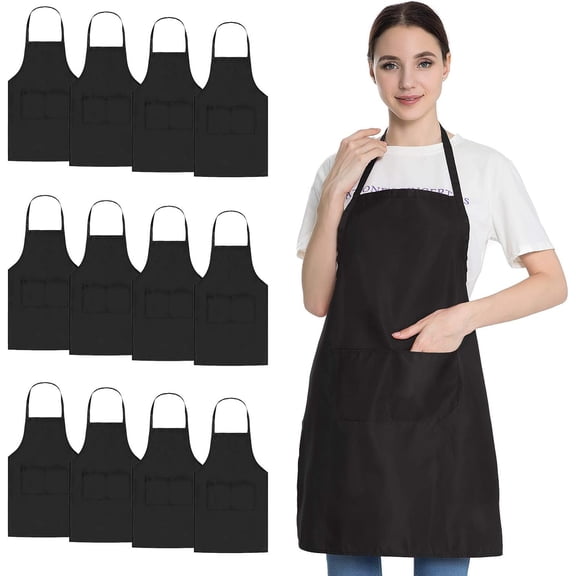 Bib Black Apron for Women Men Adult Chef, 12 Pack Kitchen Aprons Bulk with Pockets for Cooking Baking Painting (12, Black)
