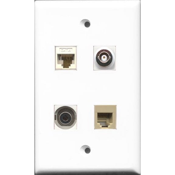 RiteAV 1 Port Phone RJ11 RJ12 Beige and 1 Port 3.5mm and 1 Port BNC and 1 Port Cat6 Ethernet White Wall Plate
