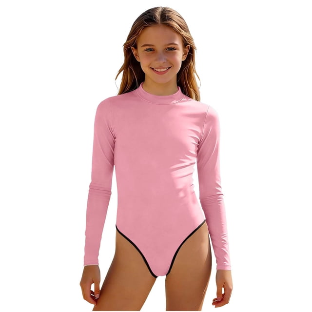 Swimsuit for Girls, Long Sleeve One Piece Rashguard, Solid Color Beach Vacation Swimsuit for Kids 2-13 Years