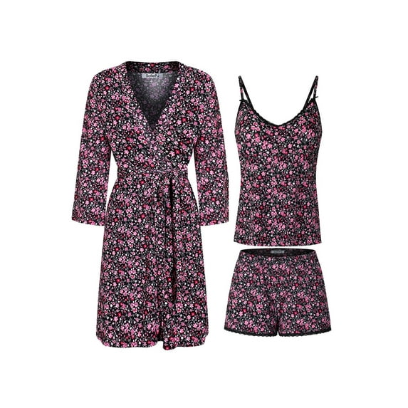SofiePJ, Women's, Printed Robe Set with Chemise and Shorts 3 PC Sleepwear Lounge Wear, Black Pink, XL