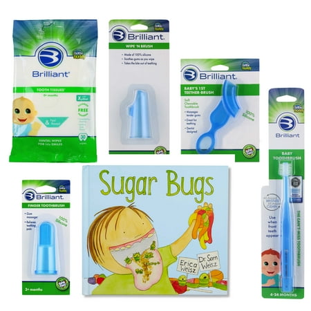 Brilliant Baby Buddy Unisex Infant Oral Care 5pc, Soft Toothbrush Set - Blue & 1 Sugar Bug Book