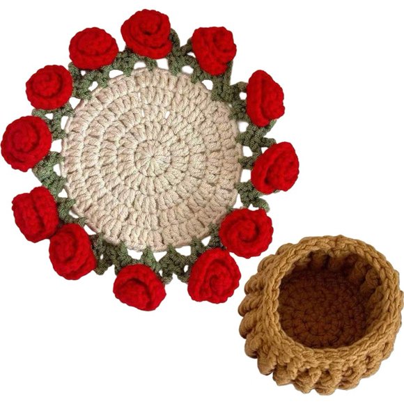 Jiibva Hand-knitted Crochet Flower Coaster with Mini Basket Flower Bouquet Blanket Coasters Boho Style Coasters Romantic Knitted Gift