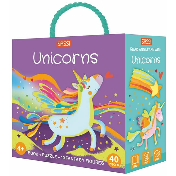 Sassi: Q-Box - Unicorns - Read-Play-Learn Mythical Set, 40pc Puzzle, Booklet, 10 Fantasy Figures, Storage Box, Interactive Educational Fun, Kids 4 