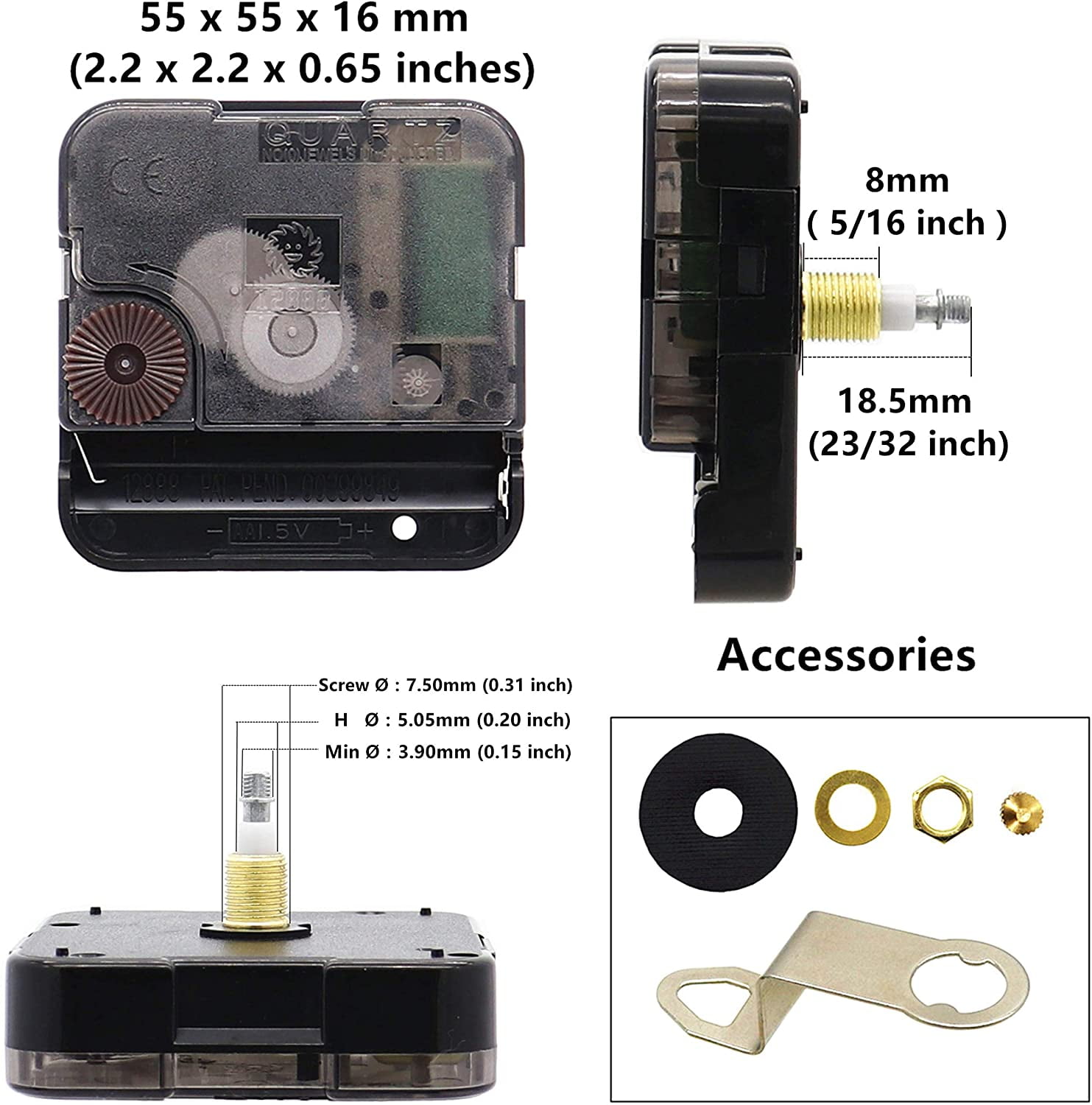 JJEAN-12888 Quartz DIY Wall Clock Movement Mechanism Battery Operated DIY Repair Parts Replacement with 4 Sets Hands Total Shaft Length 23/32 inch .\u2026