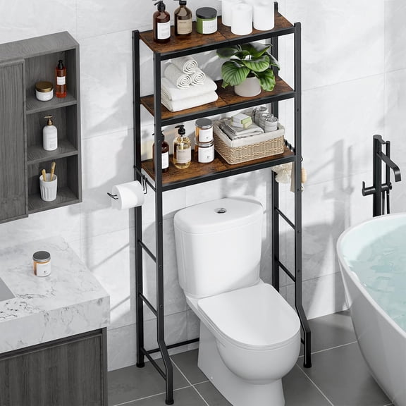 Over-The-Toilet Storage Rack - Freestanding Over The Toilet Storage Cabinet with Paper Holder & Hooks, Bathroom Organizers and Storage, Brown Black, 3 Tiers (61" H)