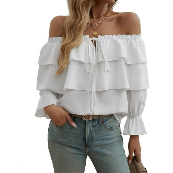 Women'S Off Shoulder Ruffle Trendy Summer Fashion Long Sleeve Blouse Sexy- Dressy Casual Outfits Layered Tops White M