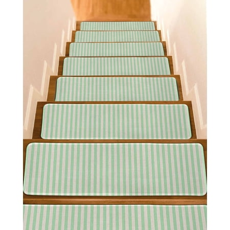 Sage Green Striped Stair Treads for Wooden Steps Indoor Runner Rug Carpet Modern Simple Farmhouse Beige 10 Pieces Peel and Stick Staircase Step Treads Covers Washable Throw Door Mats 30 x8