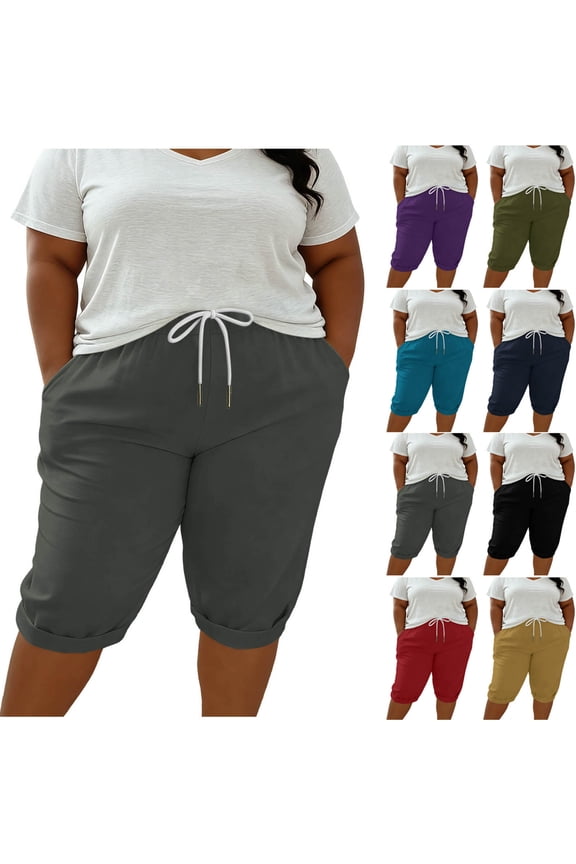 Capri Pants for Women Plus Size Fashion Solid Color Cuffed Hem Cotton Linen Capris Drawstring with Pockets Daily Comfy Soft Lightweight Casual Trousers, L-5XL