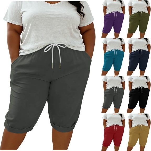 Horkkom Womens Shorts Plus Size Elastic Waist Drawstring Shorts Summer Running Workout Shorts with Pockets L