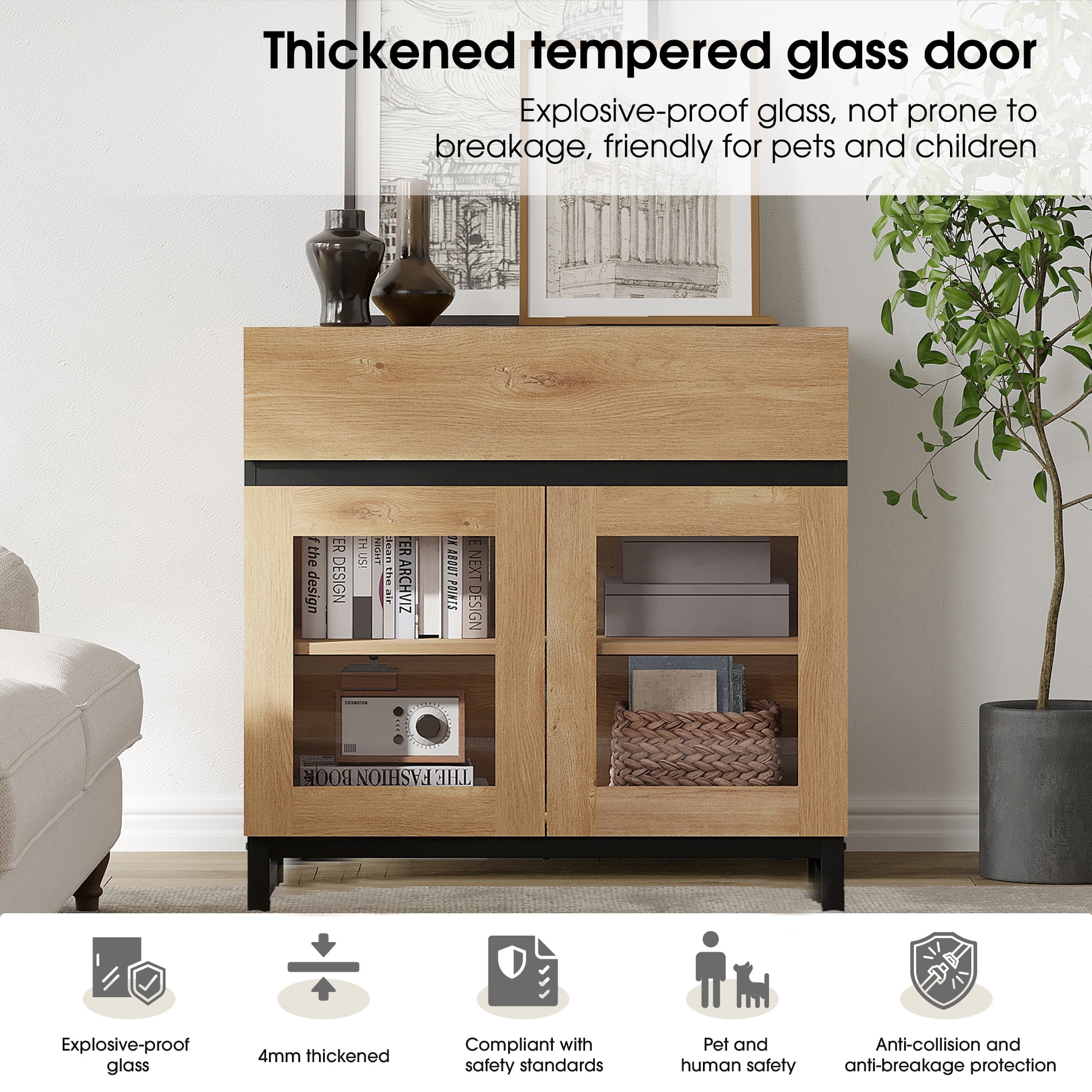 WAMPAT 94.5" Multifunctional Modern Sideboard Buffet Cabinet with 6 Glass Doors & 3 Drawers, Credenza & Coffee Bar Storage Cabinet for Living Room & Kitchen