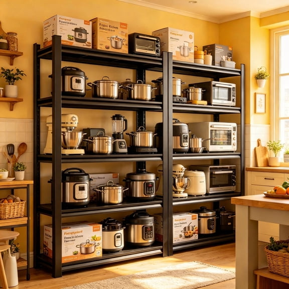 5-Tier Kitchen Shelves, 72"H Metal Kitchen Pantry Cabinet,1000LBS Capacity Open Storage Shelves,Adjustable Storage Shelves,for Kitchen, Pantry, Bathroom,Metal, Premium Black 78"Hx40''Wx16''D