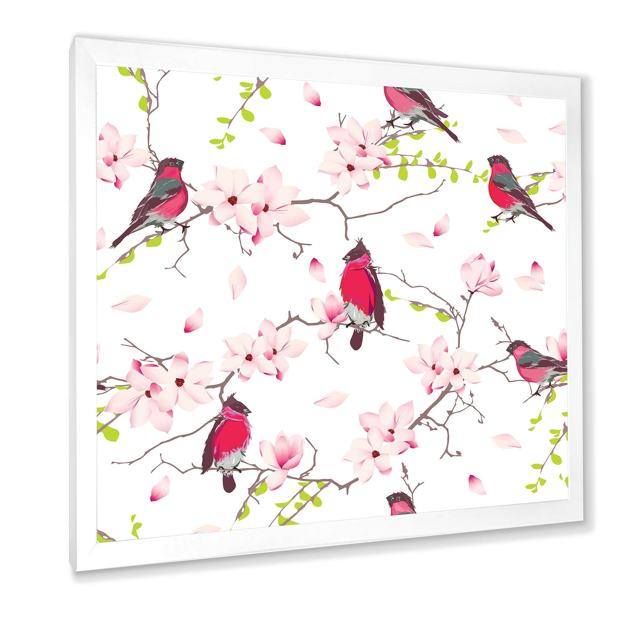 Designart 'Red Bullfinches Sitting On Magnolia Tree' Traditional Framed Art Print