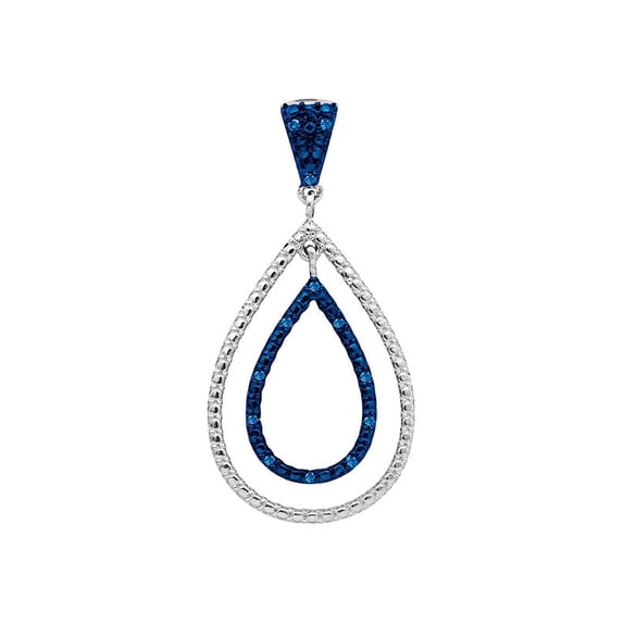 Sterling Silver Womens Round Blue Color Enhanced Diamond Teardrop Pendant 1/10 Cttw
