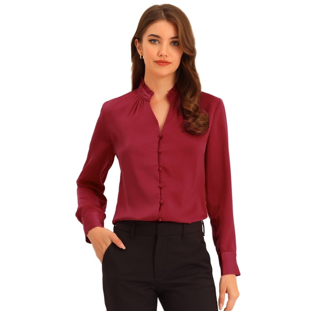 Camisa de satén con volantes para mujer Blusa de oficina de trabajo con botones de manga larga y linterna borgoña XS