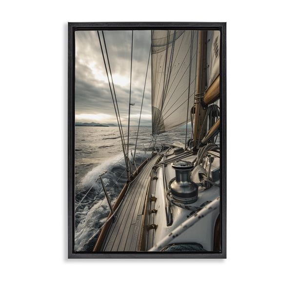 Stupell Industries Sailing Boat Wake Waves Transportation Photography Black Floater Framed Canvas Art Print Wall Art, 17 x 25