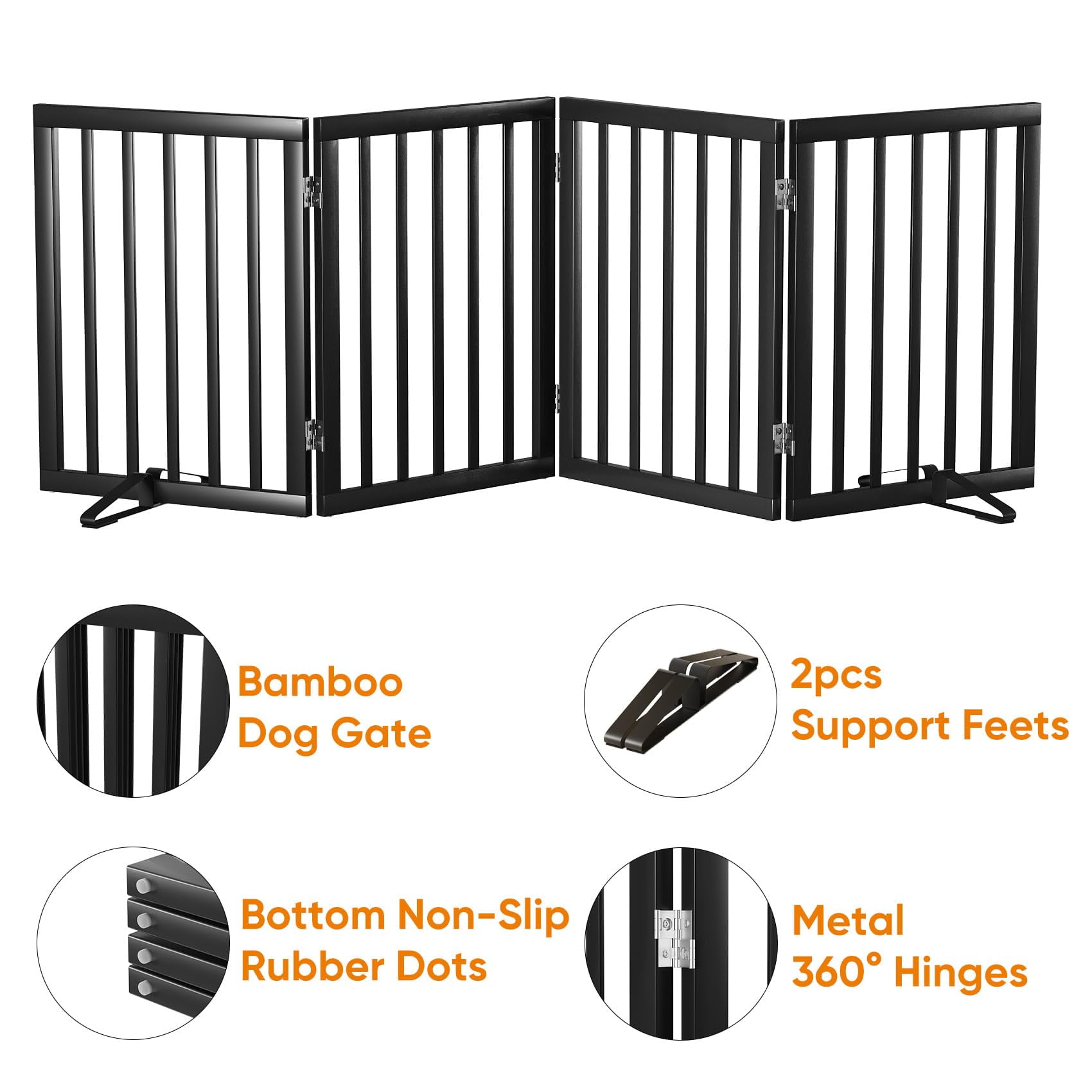 Smart FENDEE Bamboo Dog Gate Freestanding Pet Gate with 2 Support Feet for Doorways,Black,24"H,4 Panel