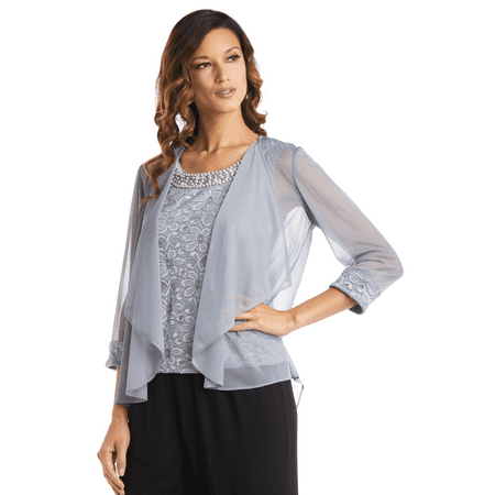 R&M Richards Women's Juniors Sleeveless Lace Top with Beaded Neckline and Matte Jersey Chiffon Jacket Set