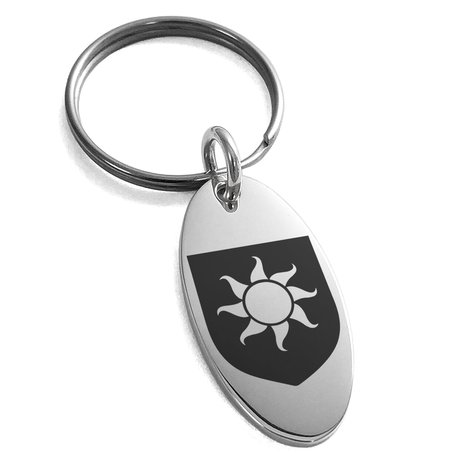 Stainless Steel Sun Splendor Coat of Arms Shield Engraved Small Oval Charm Keychain Keyring