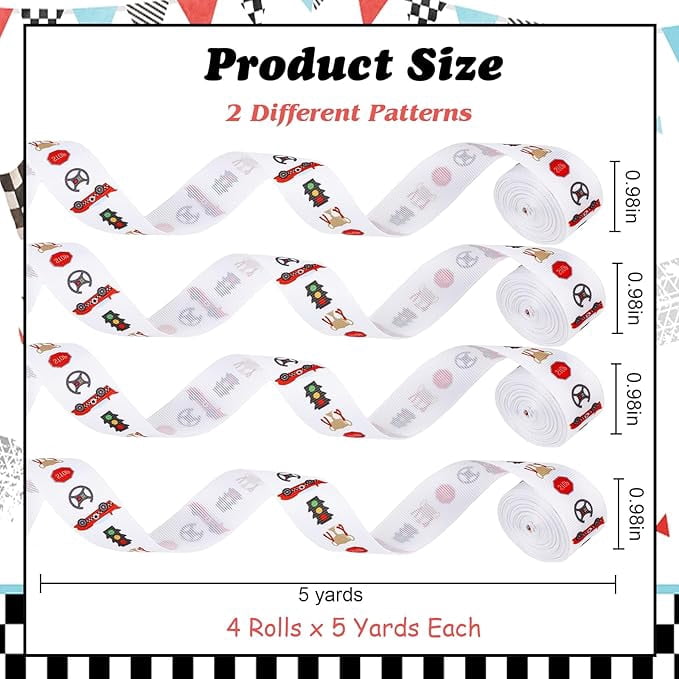 4 Rolls Red Racing Car Theme Ribbons, 20 Yards Craft Ribbons for Wreath Hair Bow Wrap Gifts, White Black Checkered Grosgrain Ribbons Birthday Wedding Gender Reveal Party Accessory Decorations